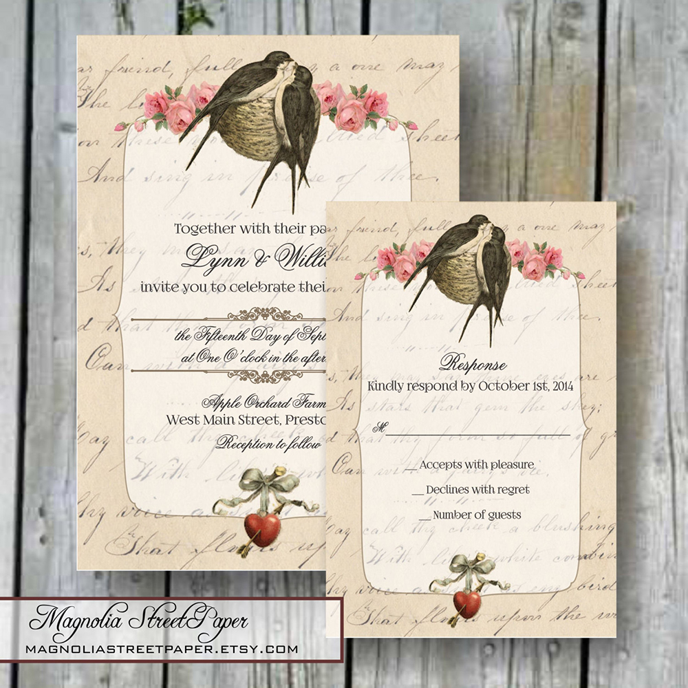 Partecipazioni shabby e vintage con uccellini