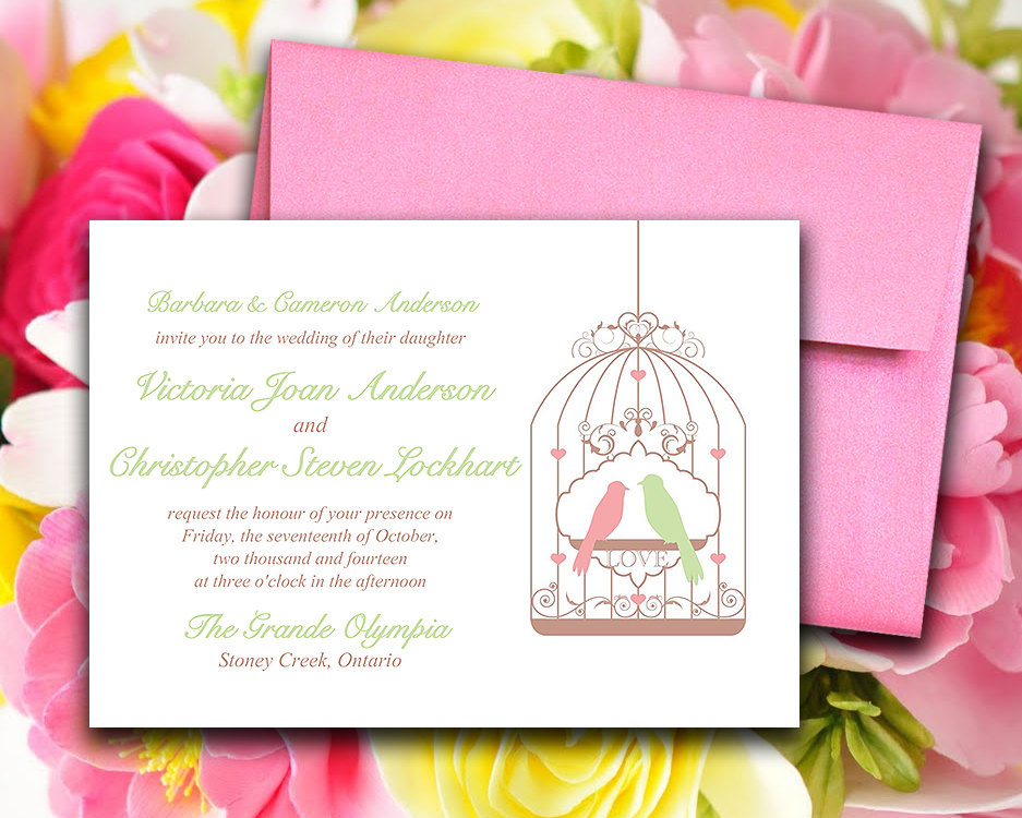 Partecipazioni shabby con uccellini rosa e verdi