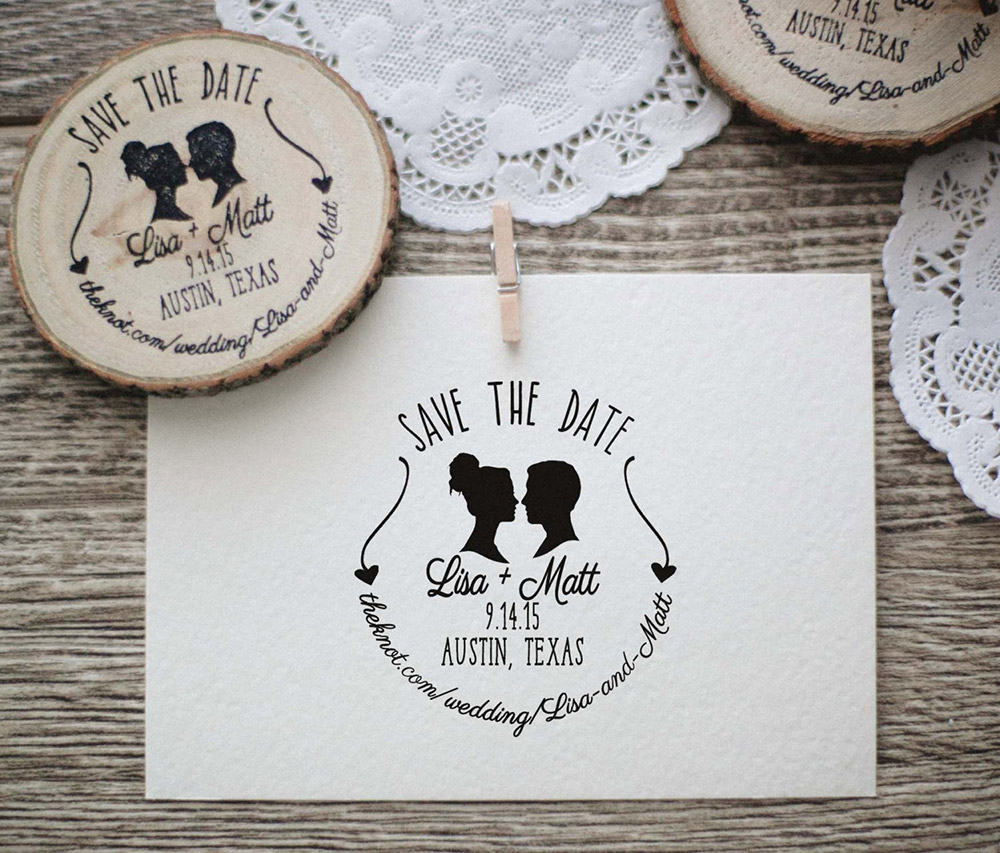 Timbro personalizzato matrimonio con silhouette e save the date