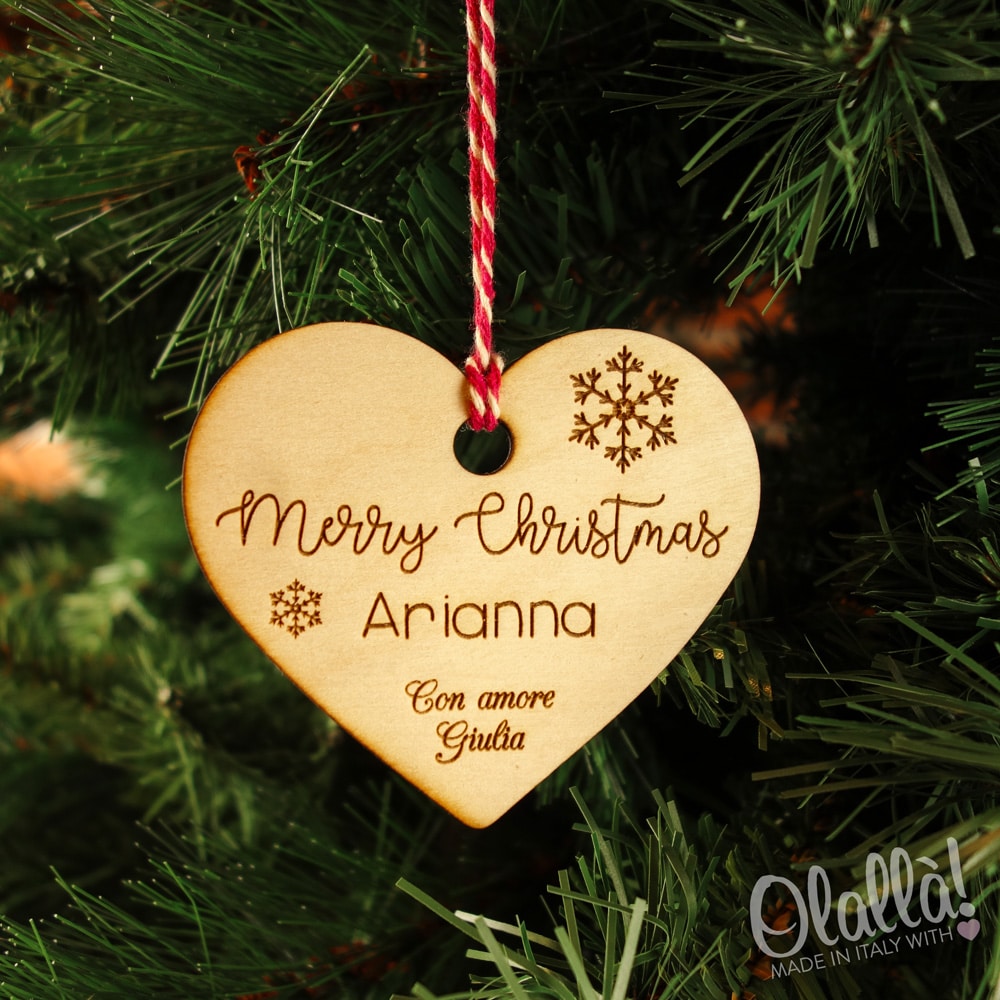 Decorazioni Natalizie Personalizzate.Decorazione Di Legno Da Appendere All Albero Di Natale Personalizzata Decoro Merry Christmas A Cuore Olalla