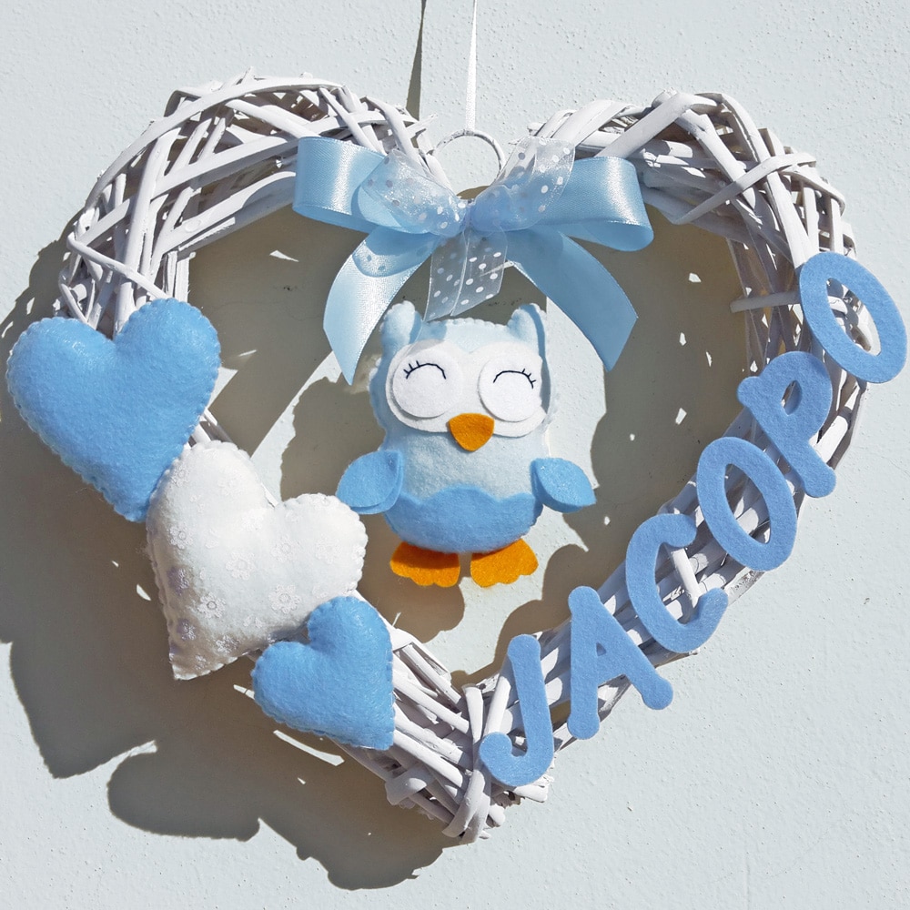 Fiocco Nascita Cuore in Vimini con Nome Gufetto e Cuoricini - Olalla