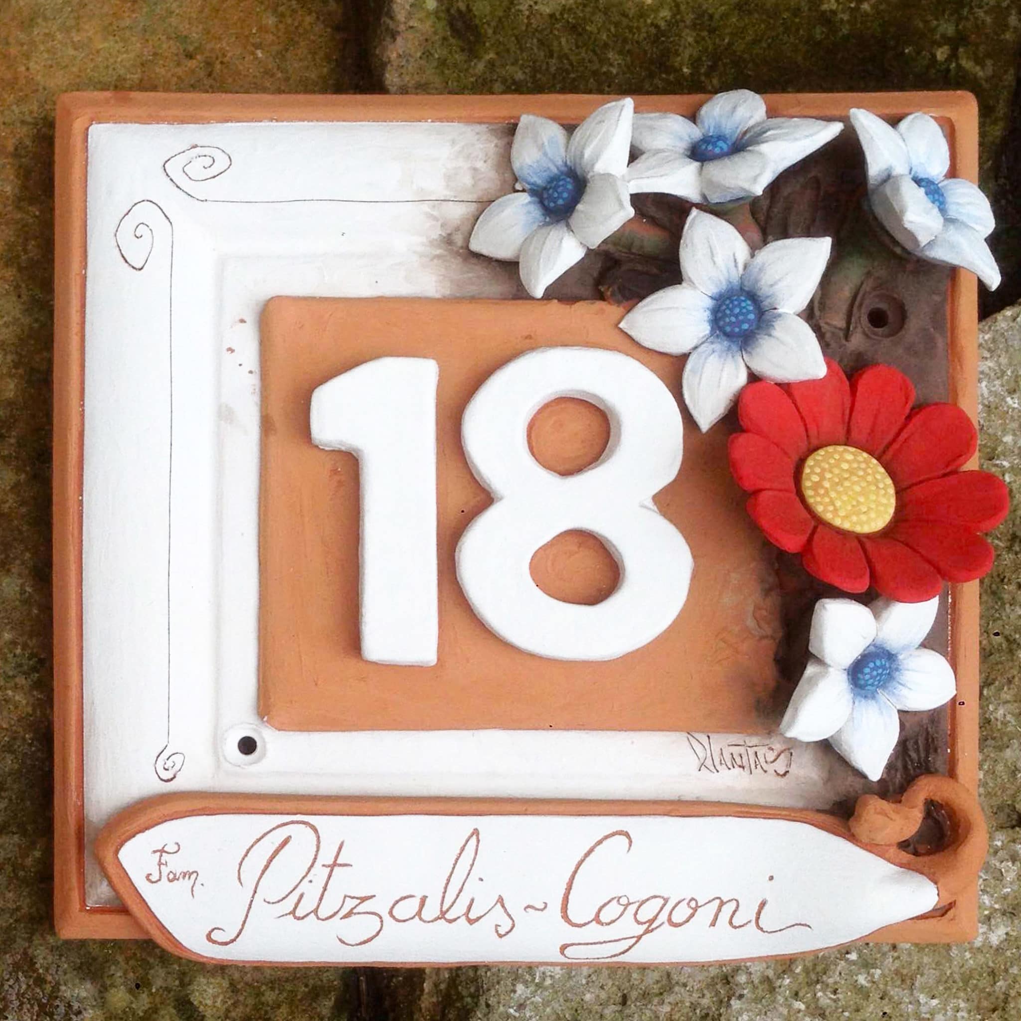 numero civico fiori rossi azzurri ceramica dipinta mano