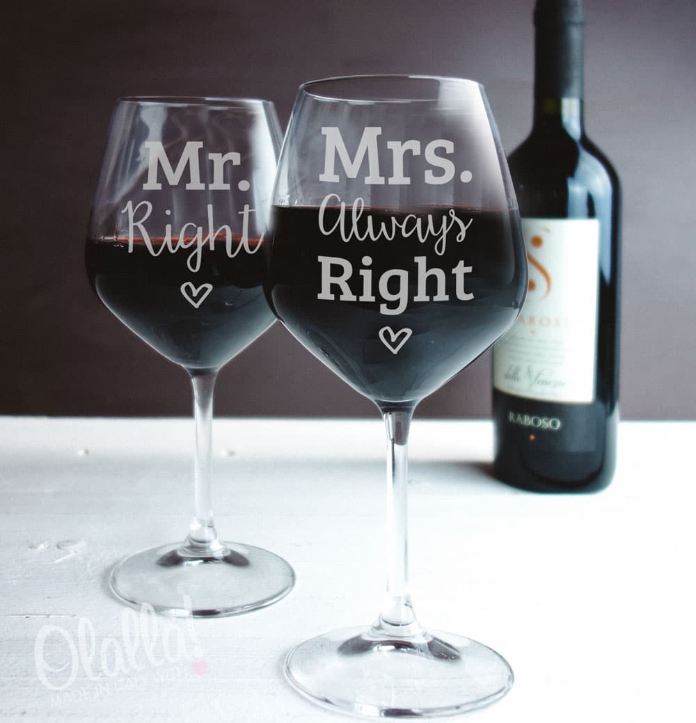 regalo di fidanzamento per coppia sposata Bicchieri da vino senza stelo da 325 ml Mr Right & Mrs Always Right 