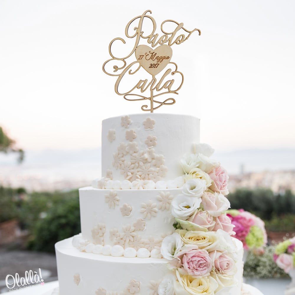 Cake Topper Personalizzato - Con Nomi Svolazzanti e Cuore con Data