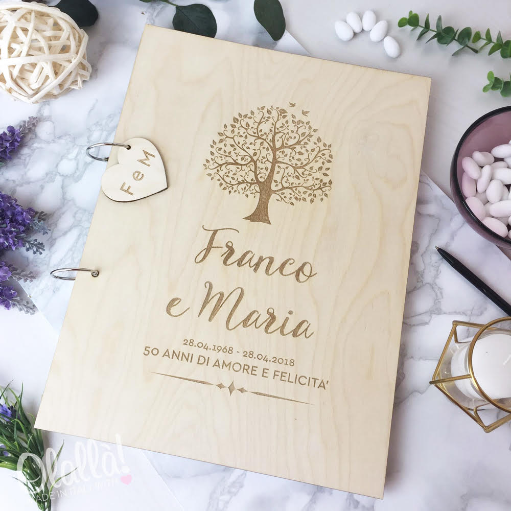 Guestbook in Legno Personalizzato con Albero della Vita e Cuoricino -  Regalo Anniversario Nozze d'Oro