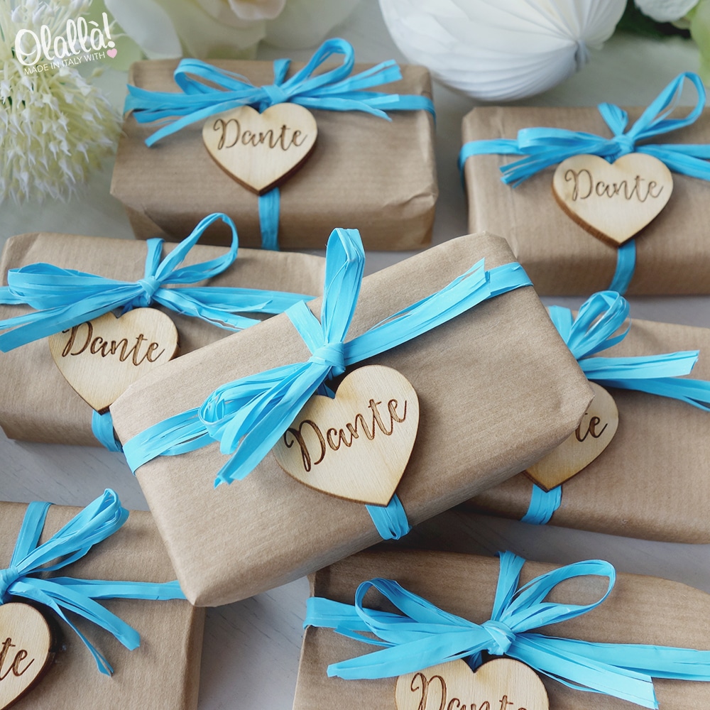Set Di 5 Saponette Personalizzate Con Nastro E Cuore Di Legno Con Nome Idea Bomboniera Battesimo Olalla