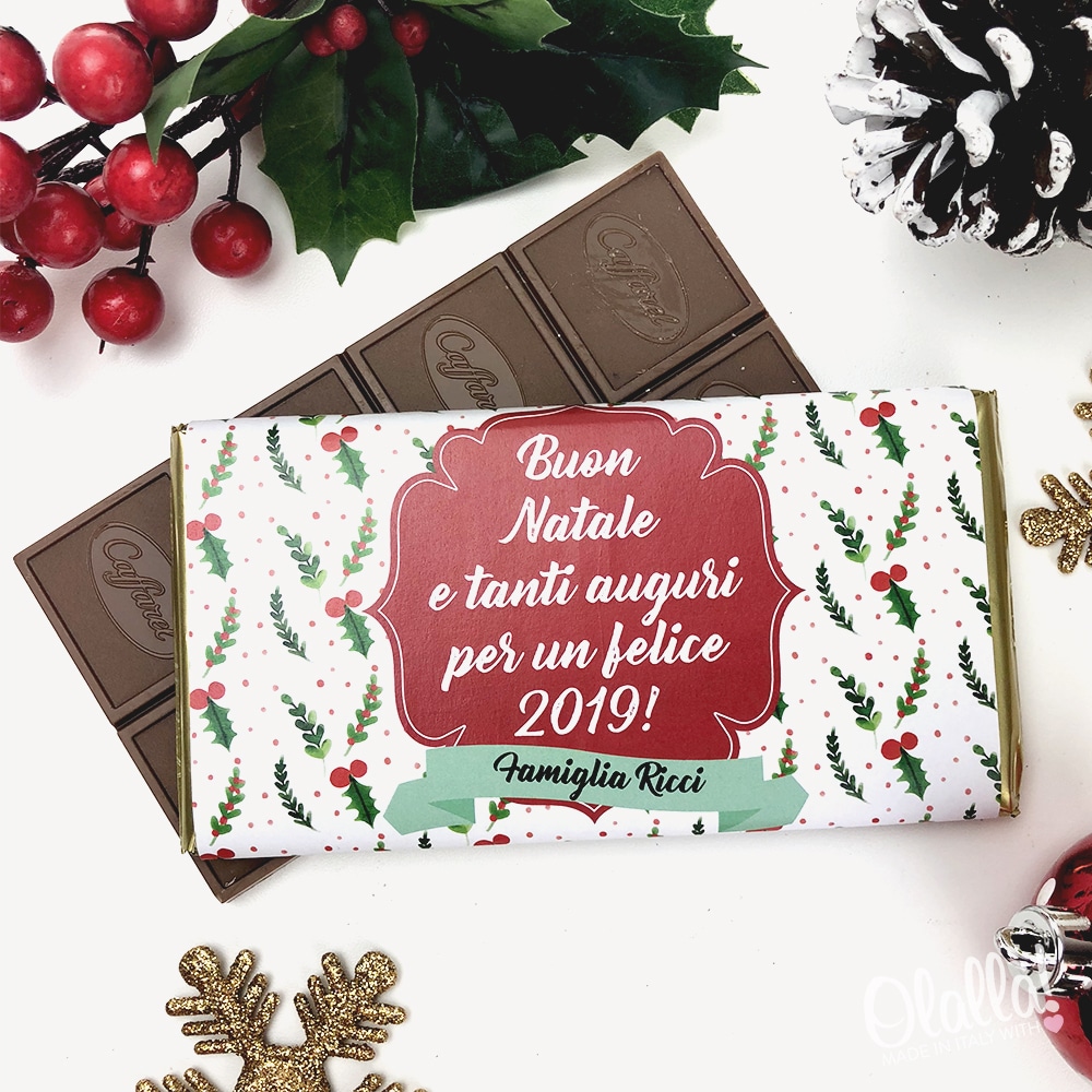 Regali Di Cioccolato Per Natale.Barretta Di Cioccolata Agrifogli Di Natale Personalizzata Con Auguri E Dedica Olalla