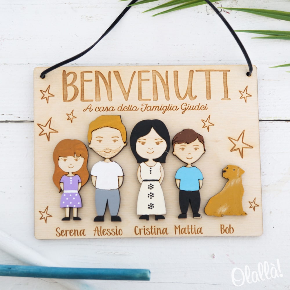 Targhetta in Legno Personalizzata per la Famiglia con Vostro Ritratto  Mini-me - Regalo Originale