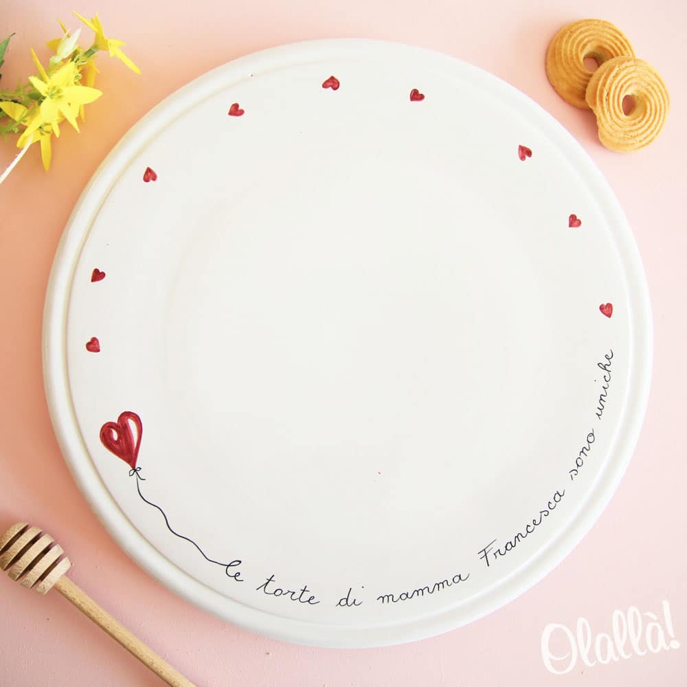 Piatto da Torta Personalizzata con Frase a Scelta in Ceramica Dipinta a  Mano con Cuoricini