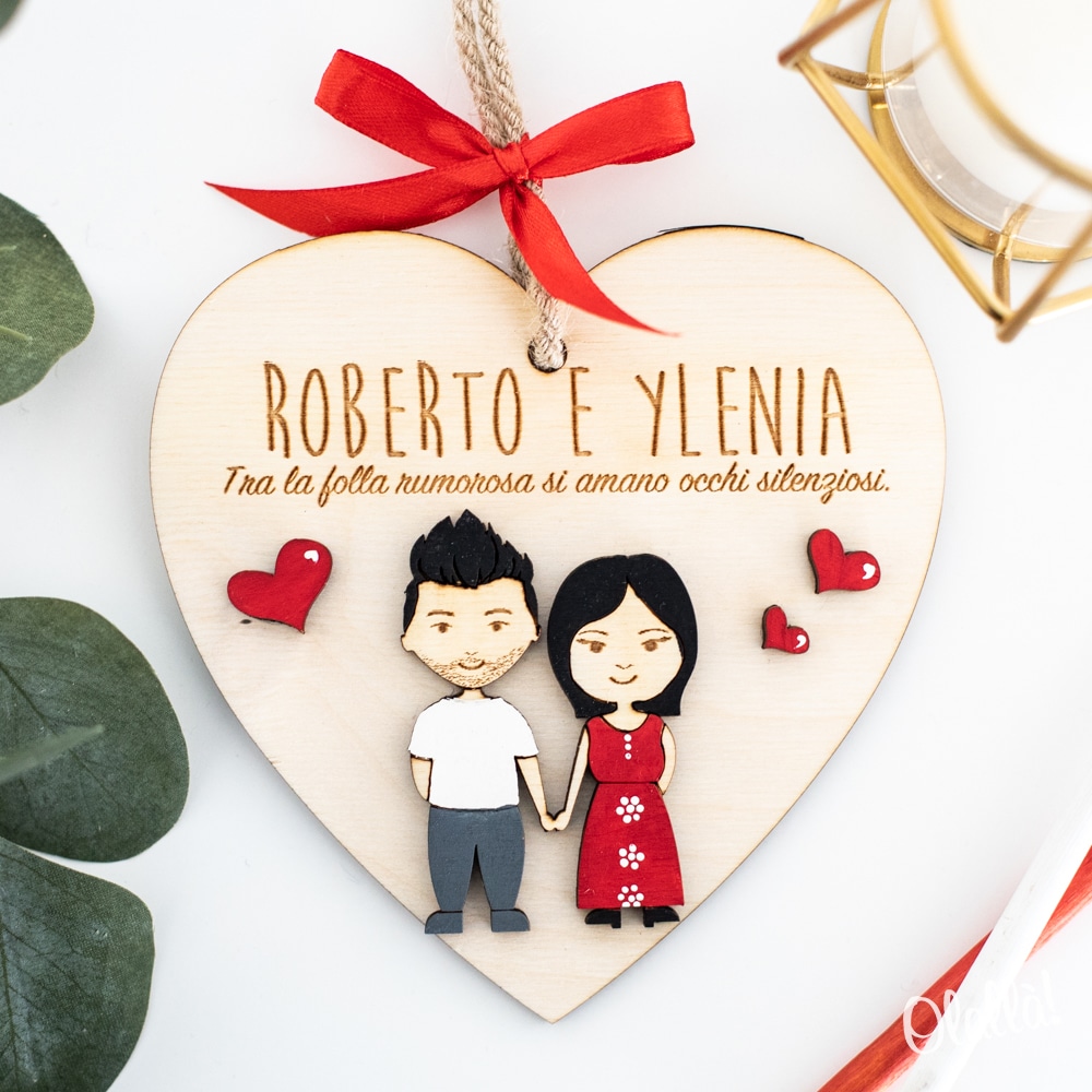 Cuore in Legno con Cuoricini Pendenti, Frase Personalizzata e Nomi -  Decorazione per Ricordare i Propri Cari