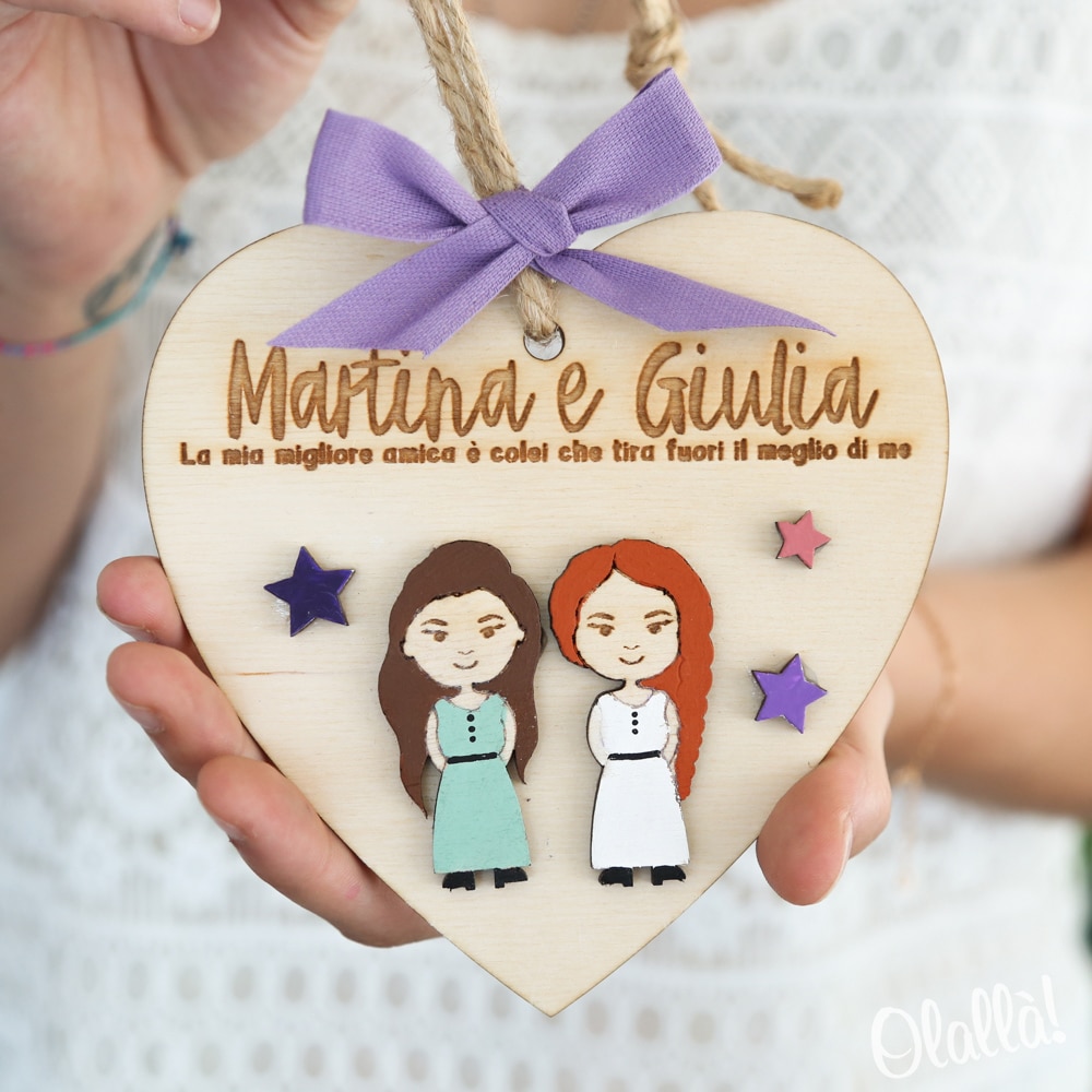 Cuore da Appendere in Legno Personalizzato con Vostro Ritratto Mini-me - Regalo  Amica