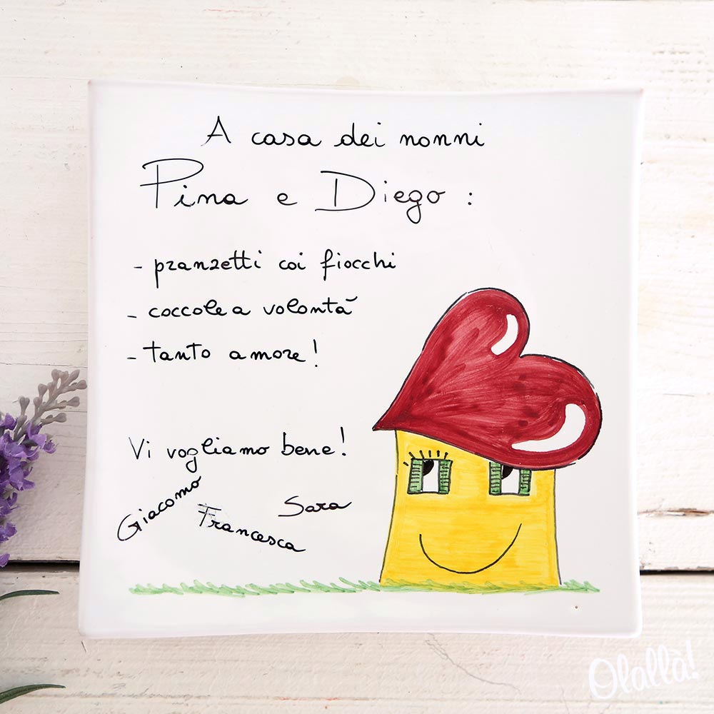 Piattino in Ceramica Realizzato a Mano Personalizzato con Dedica e Disegno  Casa - Regalo Nonni