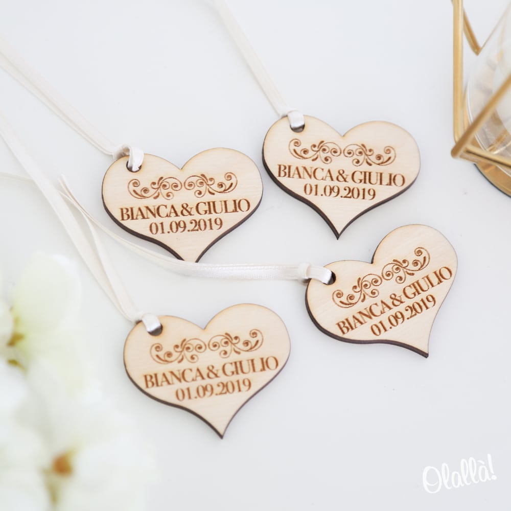 Etichette tag in Legno a Cuore con Decoro Vintage Bomboniera matrimonio