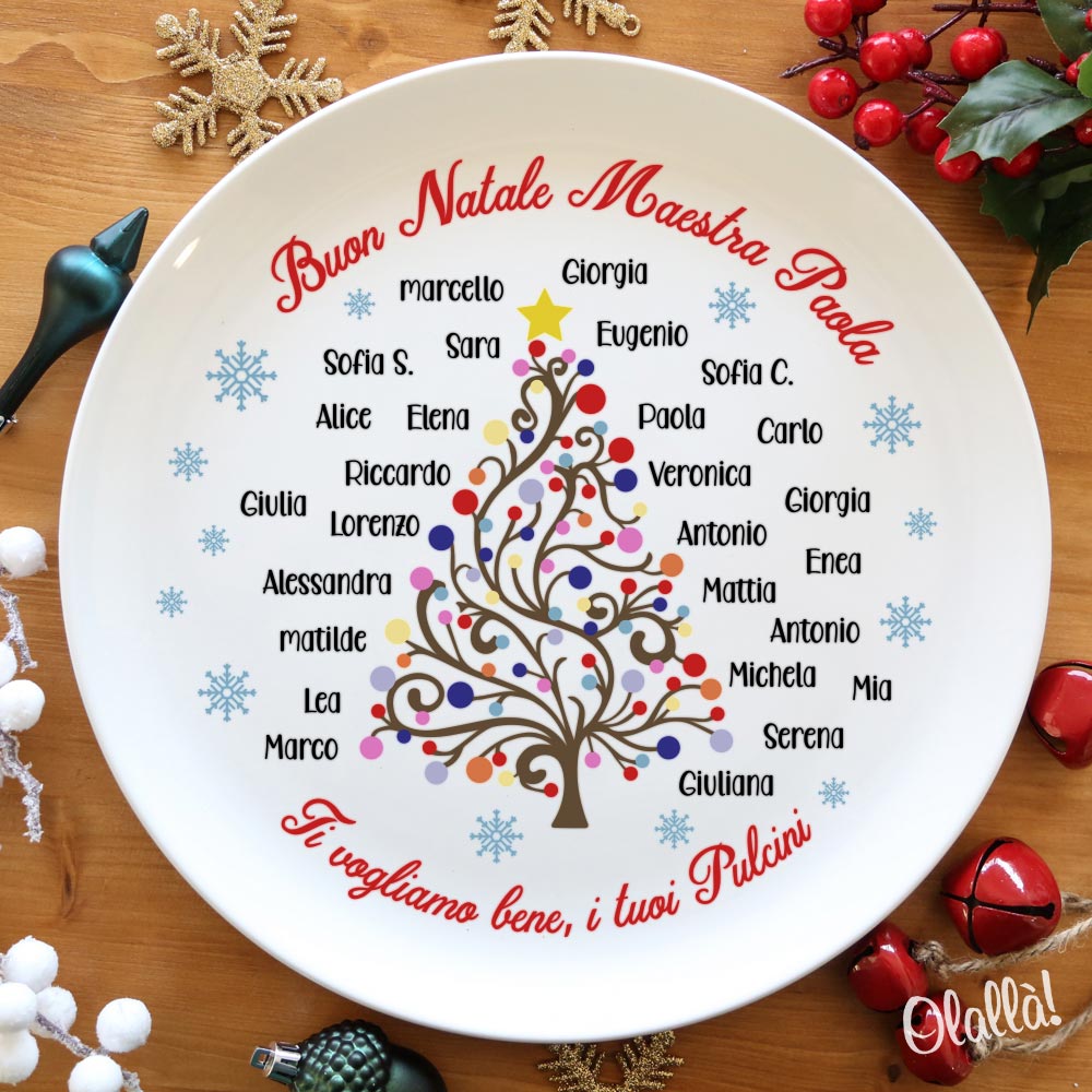 Regali Di Natale Per Maestre Elementari.Piatto In Ceramica Personalizzato Con Nomi Degli Alunni E Albero Colorato Regalo Natale Maestra Olalla