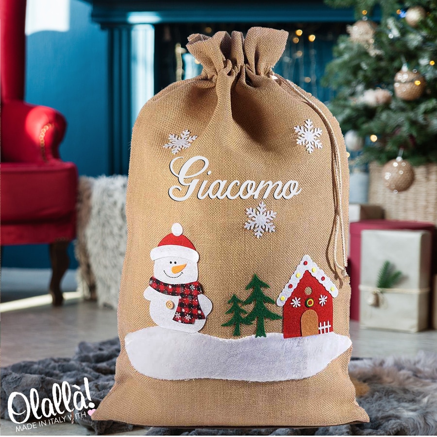 Sacca Di Natale In Juta Personalizzata Con Nome Pupazzo Di Neve E Decorazioni Natalizie Regalo Natale Olalla