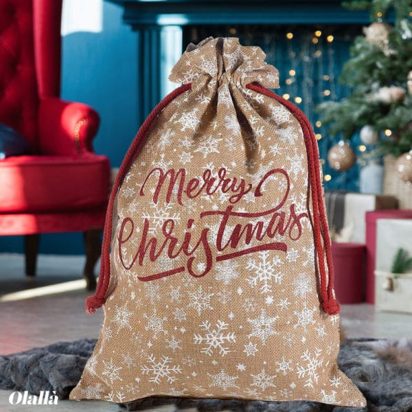 Sacca di Natale in Juta Con Scritta Merry Christmas e Decorazioni Natalizie - Regalo Natale