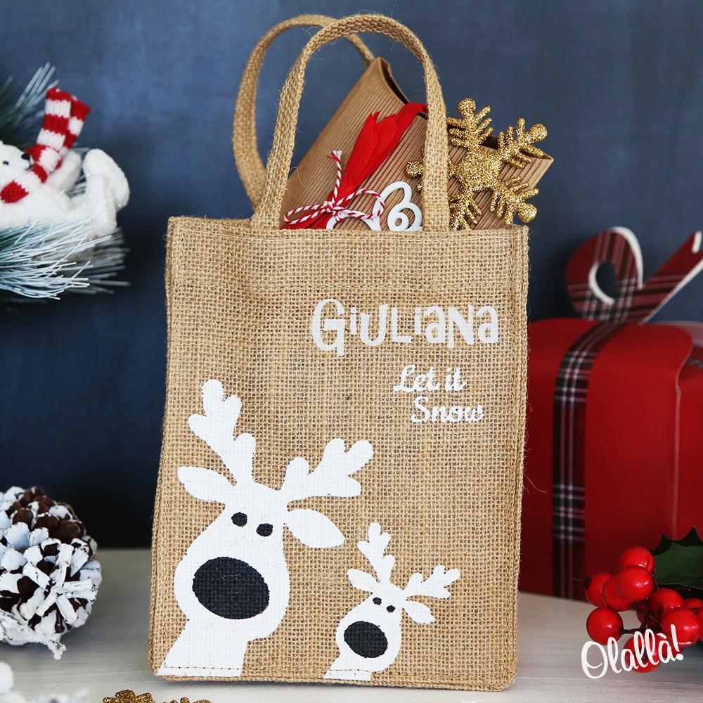 Natale Idea.Borsina Confezione Regalo In Juta Con Renne Di Natale Personalizzata Con Nome Idea Regalo Per Natale Olalla