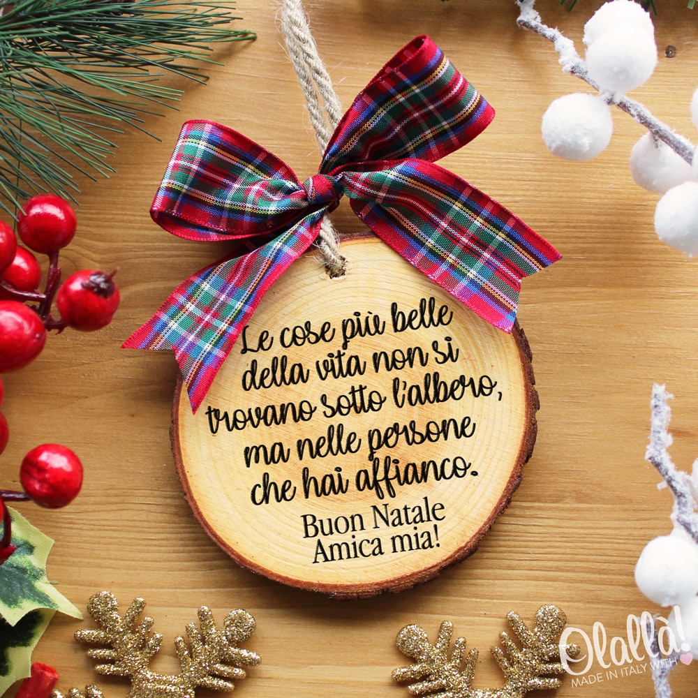 Buon Natale Amica Mia Frasi.Decorazione Fetta Di Legno E Fiocco Tartan Personalizzabile Con Dedica Da Appendere All Albero Di Natale Olalla