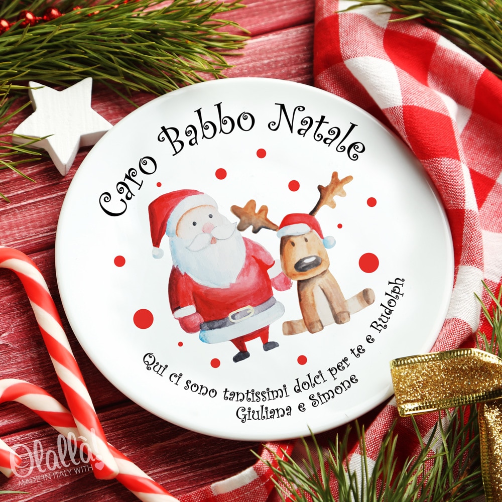 Babbo Natale Italy.Piatto In Ceramica Personalizzato Con Dedica Babbo Natale E Renna Olalla