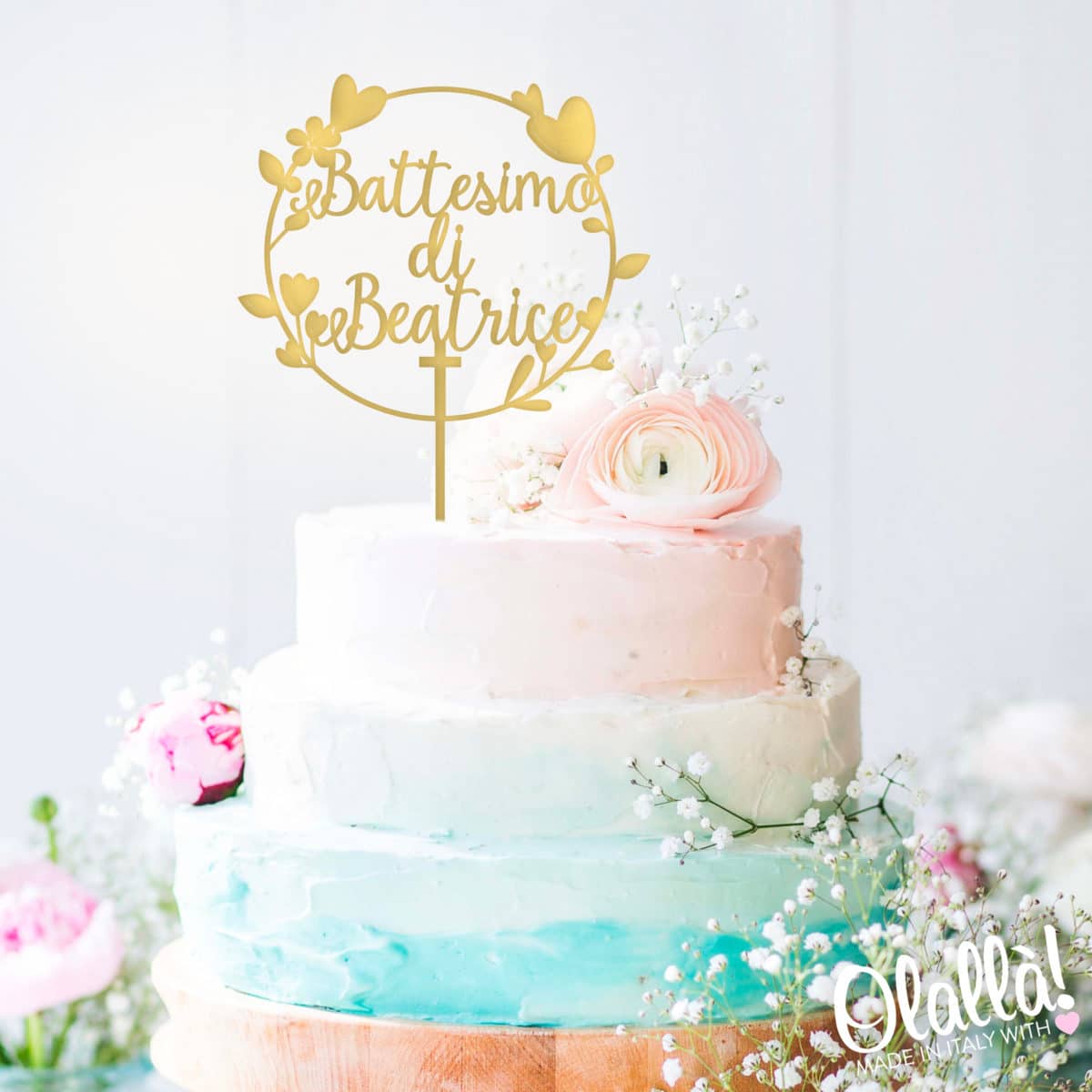 Cake Topper Personalizzato Battesimo di con Nome e Corona di Cuori