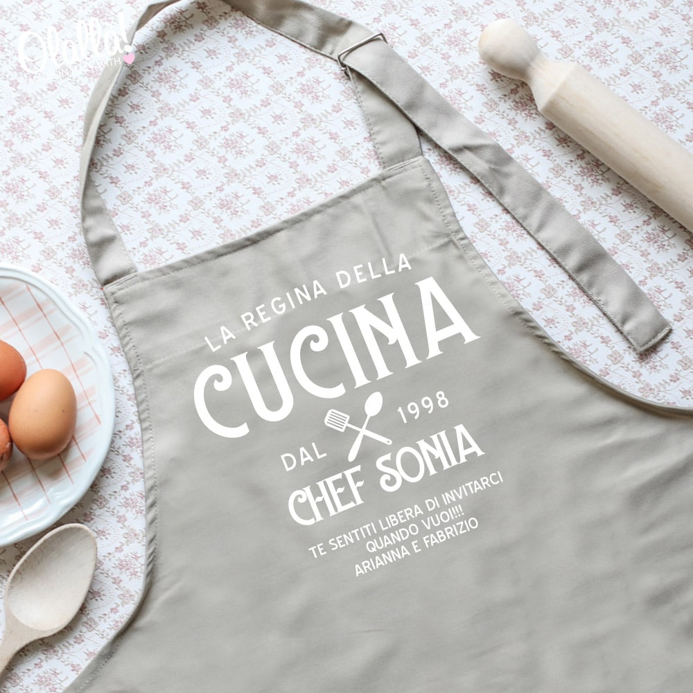 Grembiule da Cucina Personalizzato Regina con Nome e Frase Ricamati 100%  Cotone