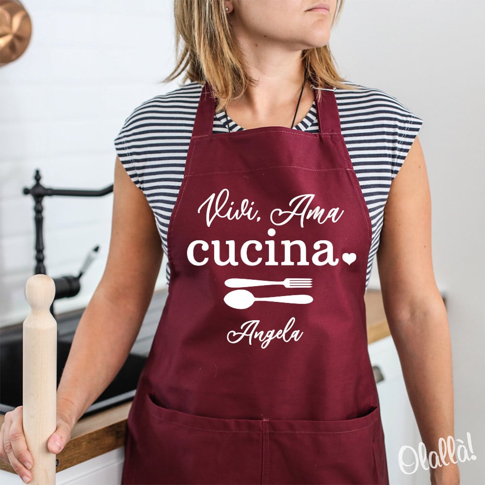 Grembiule Personalizzato con Nome Vivi, Ama, Cucina - Idea Regalo Donna