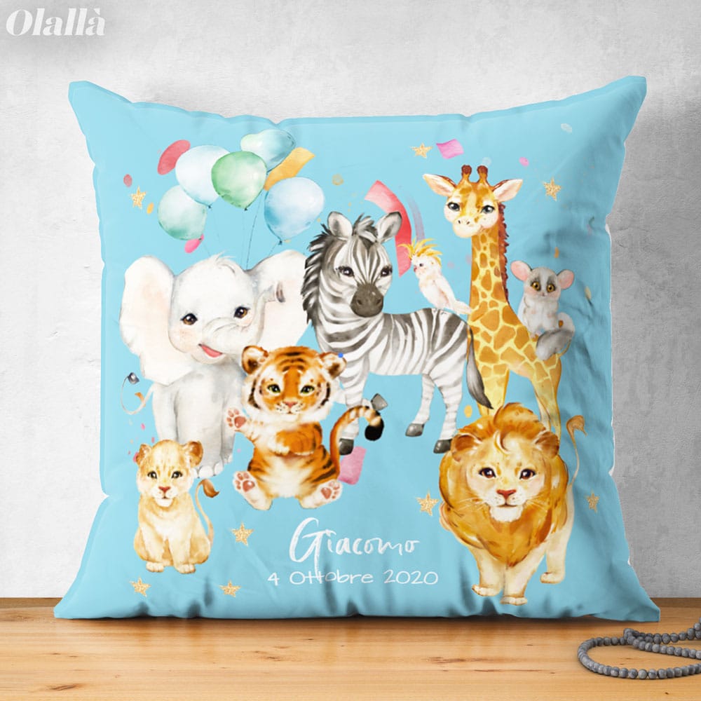 Cuscino Personalizzato con Animali della Savana per Nascita o Compleanno  Bambino