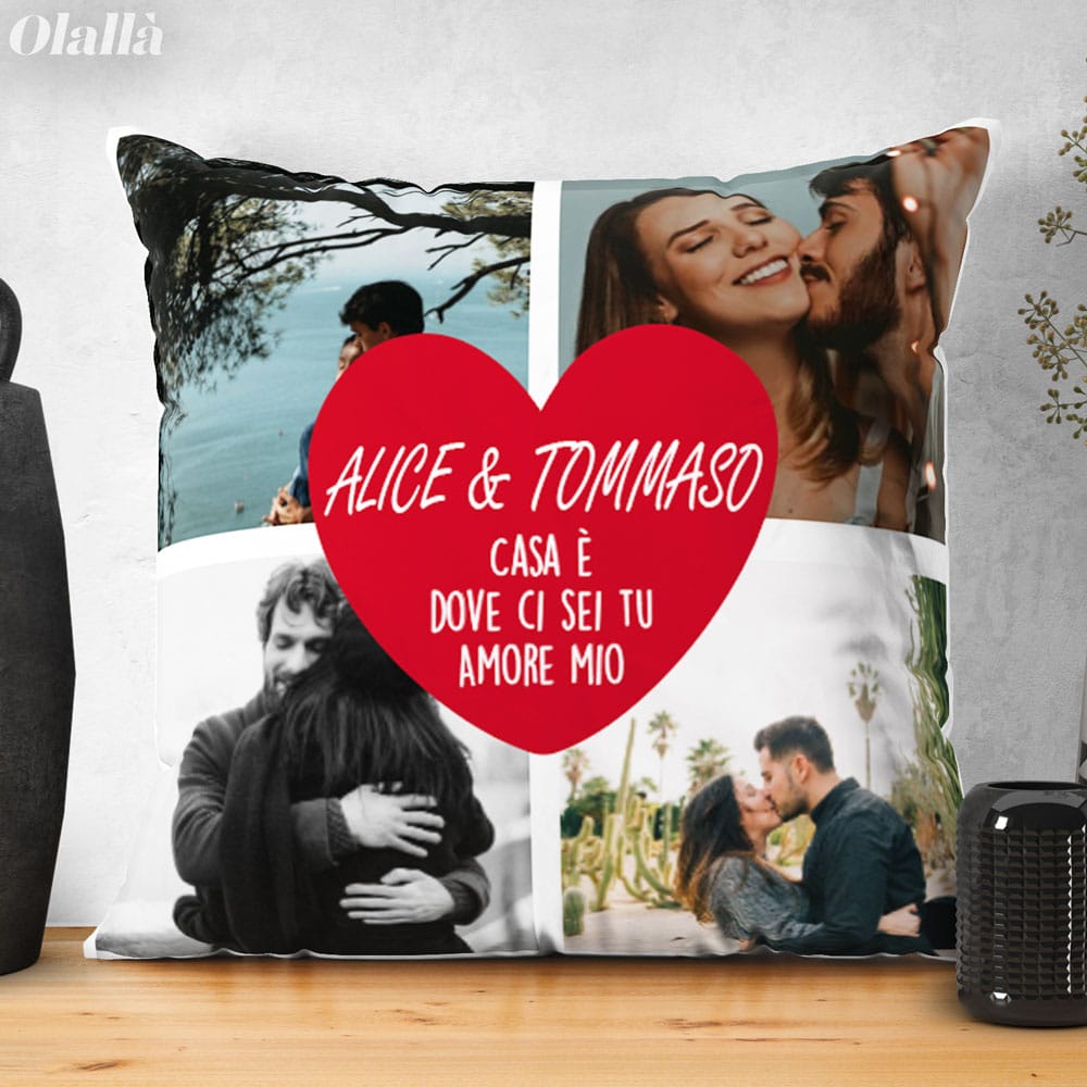 Cuscino con Cuore Rosso Personalizzato con Nomi, Dedica e Foto - Idea  Regalo Anniversario, San Valentino