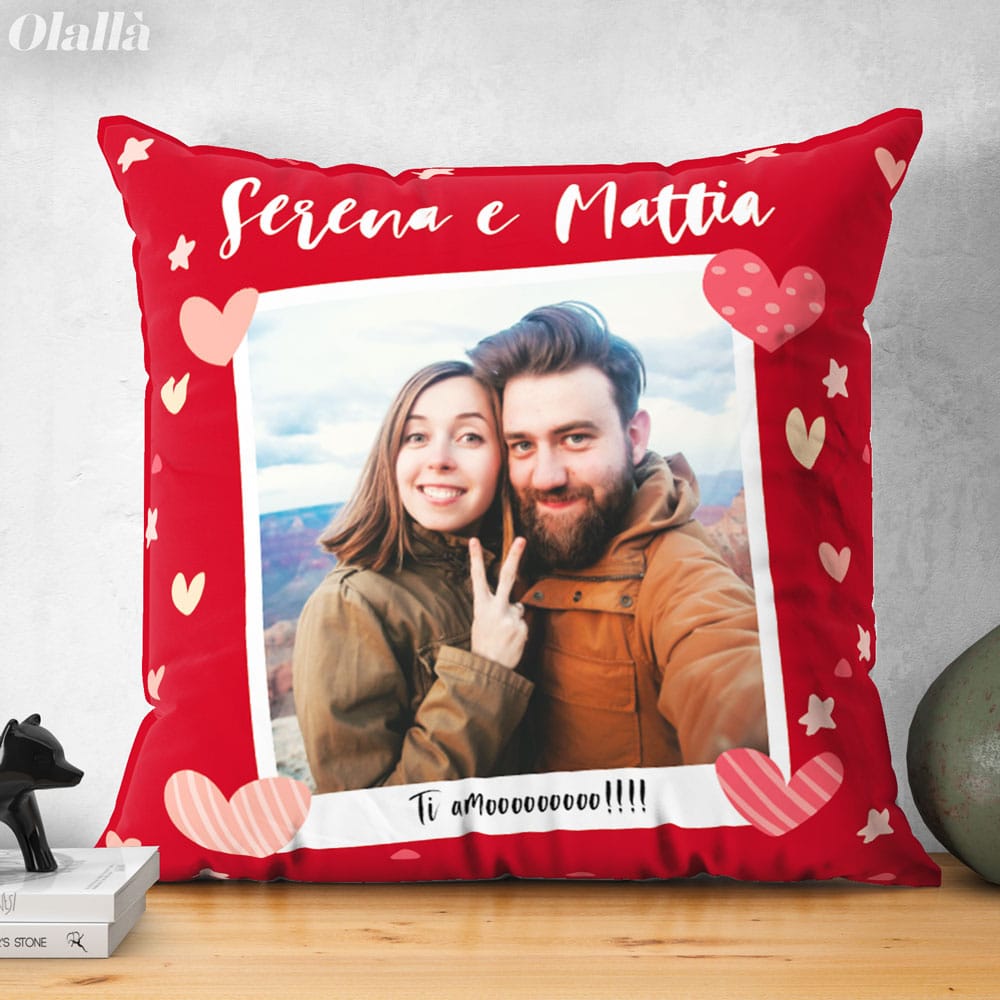 Cuscino Personalizzato con Foto Polaroid Nomi e Dedica d'Amore