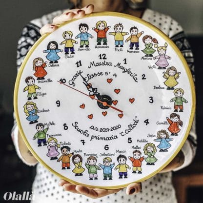 Orologio in Ceramica Dipinto a Mano con Ritratto Bimbi e Maestra - Idea Regalo Insegnante