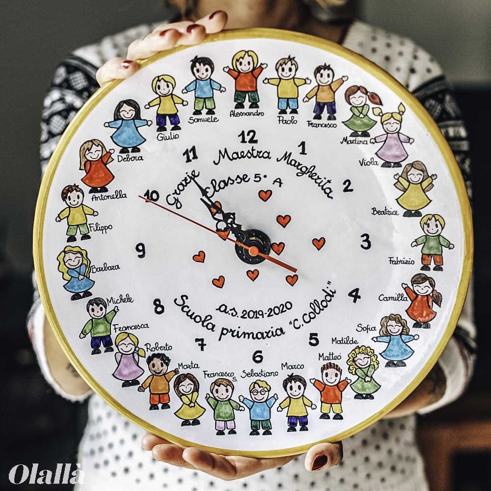 Orologio in Ceramica Dipinto a Mano con Ritratto Bimbi e Maestra - Idea Regalo  Insegnante