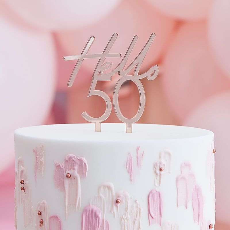 Cake Topper Hello 50 in Oro Rosa - Decorazione Torta Compleanno 50 Anni