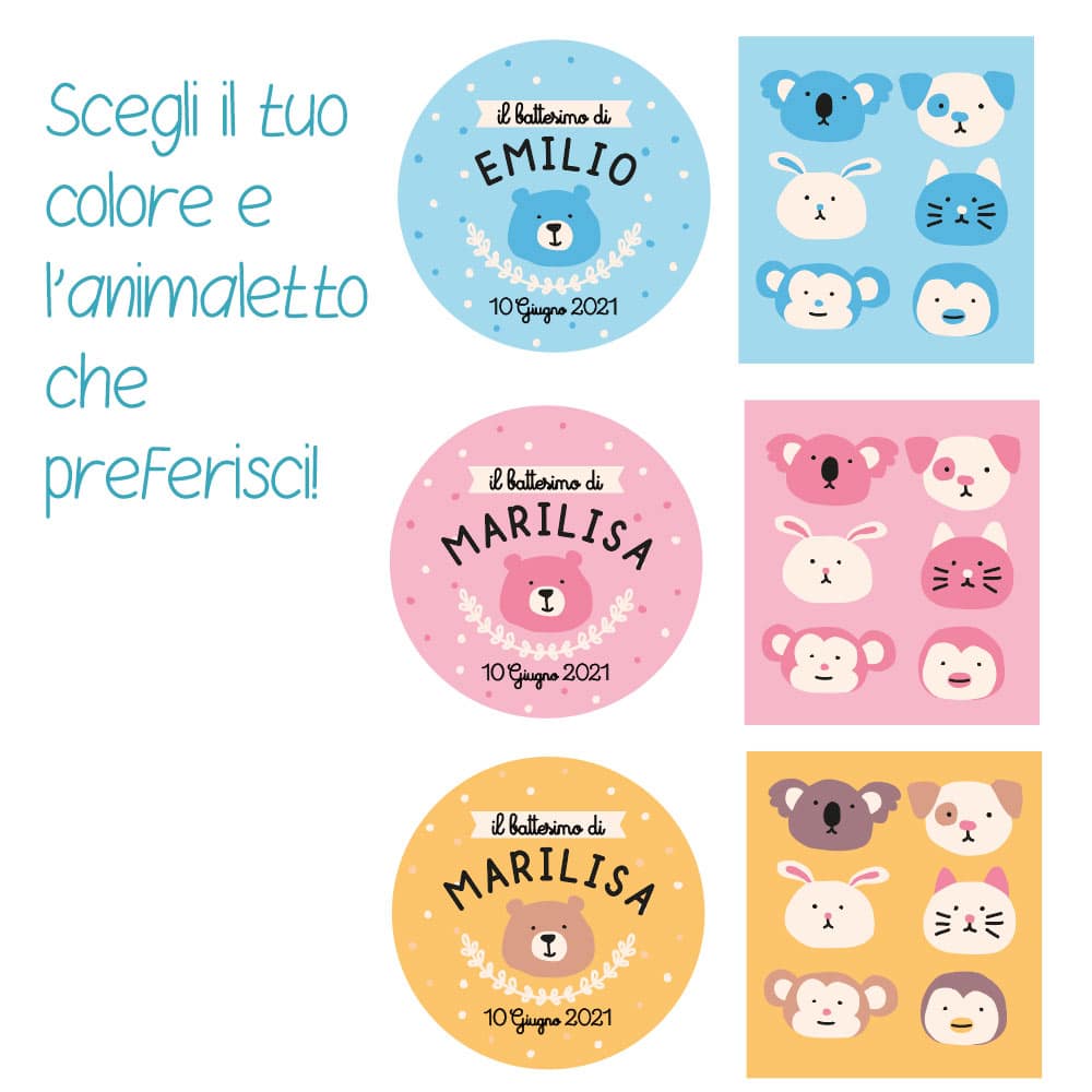 Set da 10 Etichette Adesive Tonde Personalizzate per Battesimo Comunione o  Compleanno di Bambino con Simpatici Animaletti