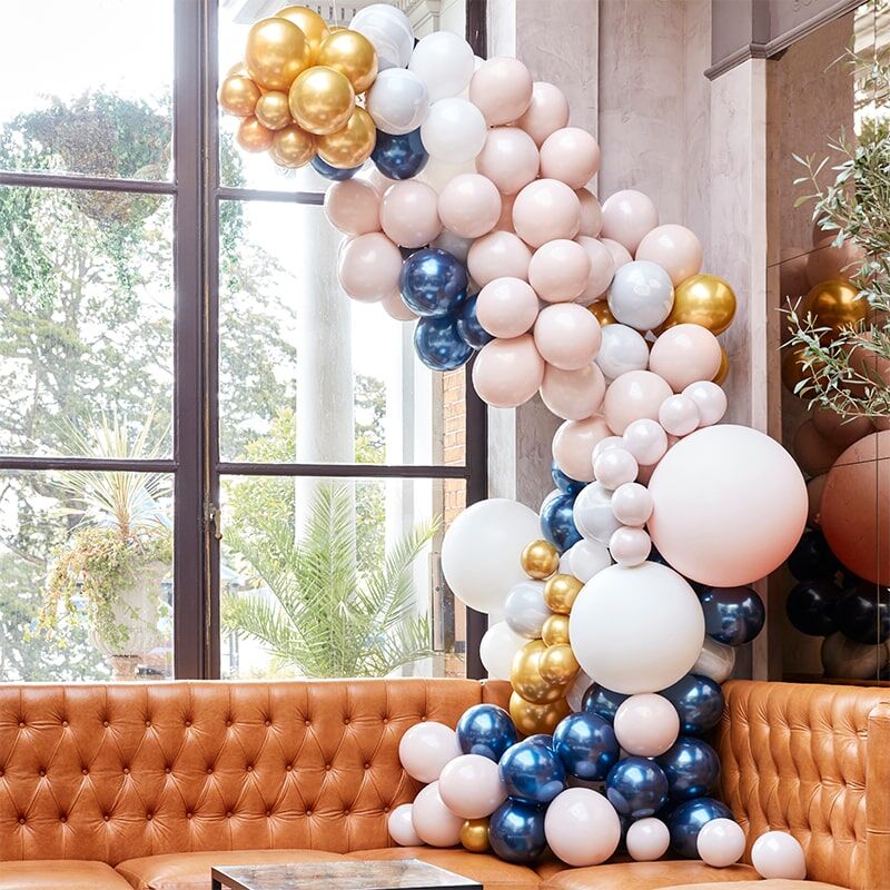 Arco di 200 Palloncini Colorati Blu, Rosa Chiaro e Oro Cromato -  Decorazione Festa