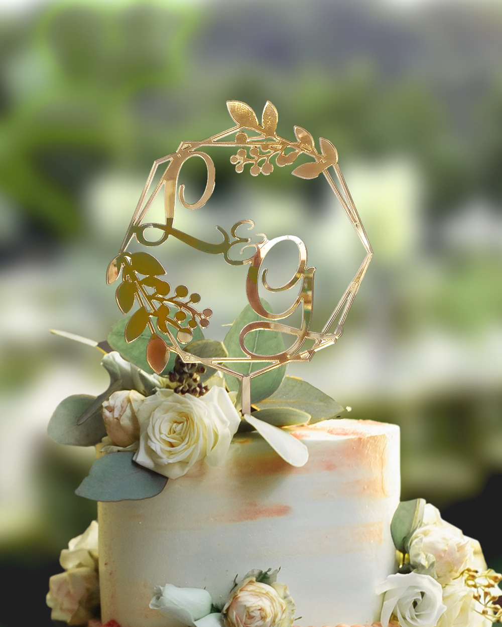 Cake Topper Personalizzato Con Nomi Sposi all'Interno di Decorazione  Foliage