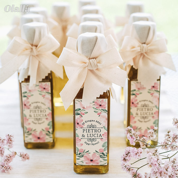 Mini Bottiglietta di Olio con Etichetta Personalizzata Bianca con Decori  Floreali - Idea Bomboniera per Matrimonio