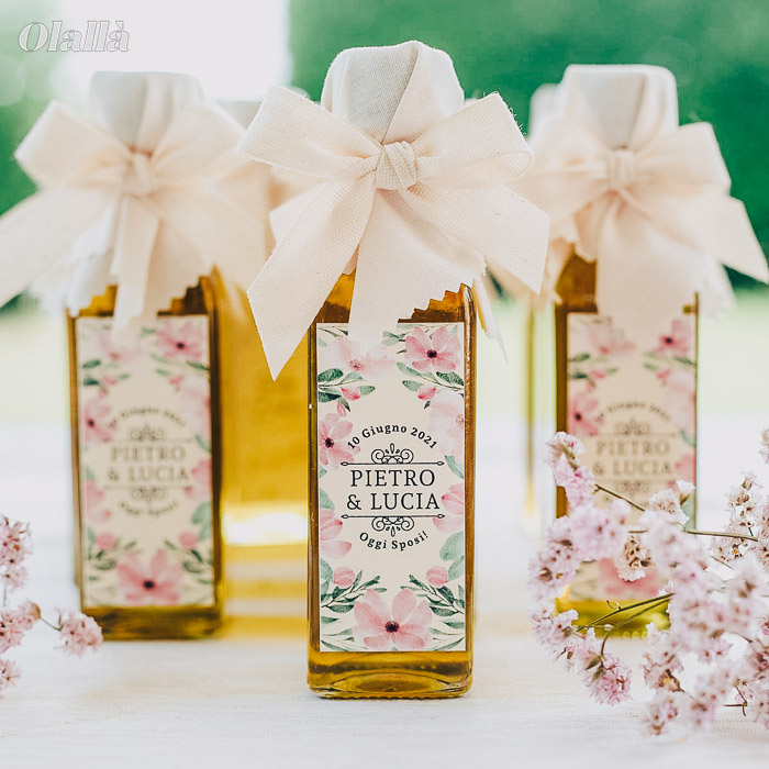 Mini Bottiglietta di Olio con Etichetta Personalizzata Bianca con Decori  Floreali - Idea Bomboniera per Matrimonio