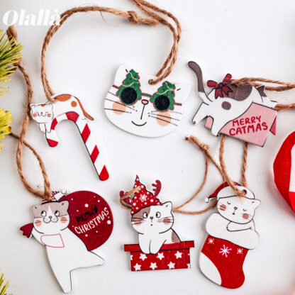 Set di 6 Decorazioni Tag Gattini Etichetta Pacco Regalo Addobbo di Natale in Legno