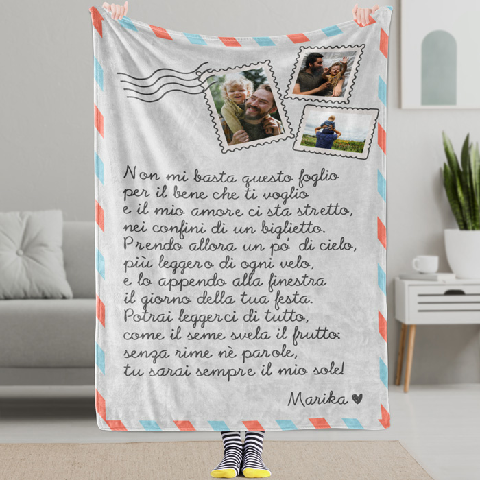 Plaid Coperta in Pile Personalizzata con Dedica Stile Letterina con Foto –  Idea Regalo Festa del Papà