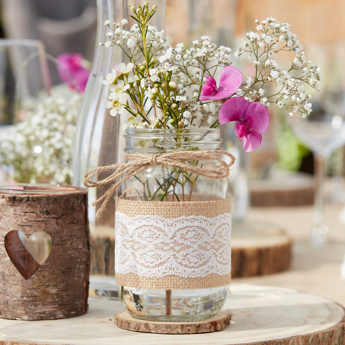 Vaso Centrotavola in Vetro con Pizzo, Iuta e Spago, stile Country - Idea  Decorazione Matrimonio, Comunione, Cresima Battesimo