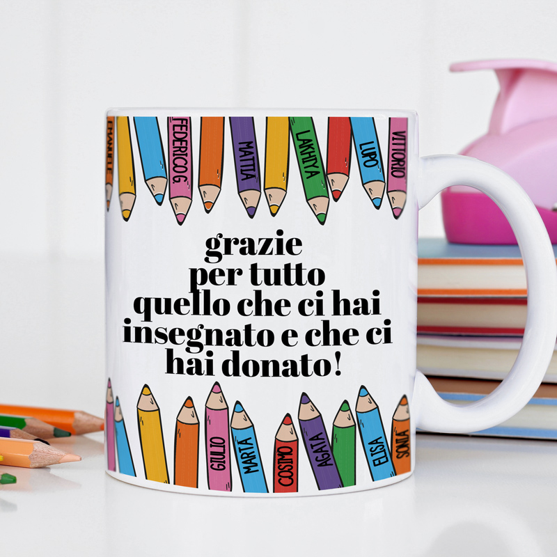 Tazza Personalizzata con Matite Colorate e Nomi dei Bambini - Idea Regalo  Maestra