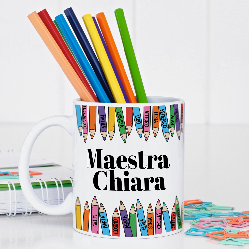 Tazza Personalizzata con Matite Colorate e Nomi dei Bambini - Idea Regalo  Maestra