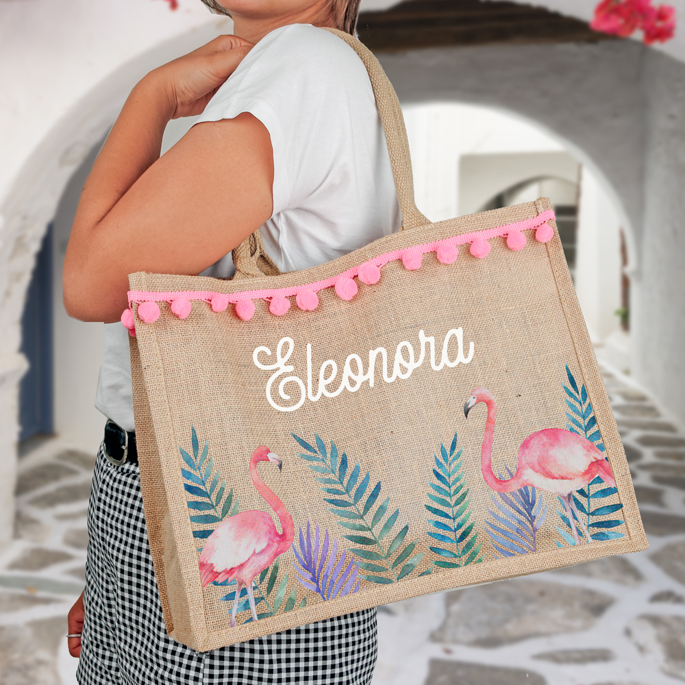 Borsa in Juta con Fenicotteri Rosa Personalizzata con Nome