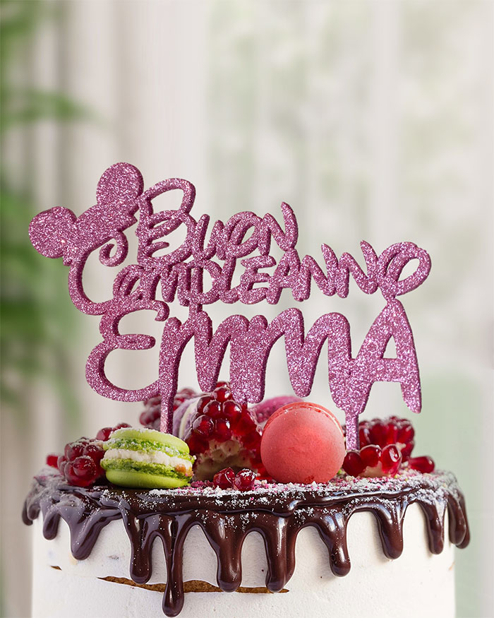 Cake Topper Personalizzato con Orecchie di Topolino, Buon Compleanno e Nome