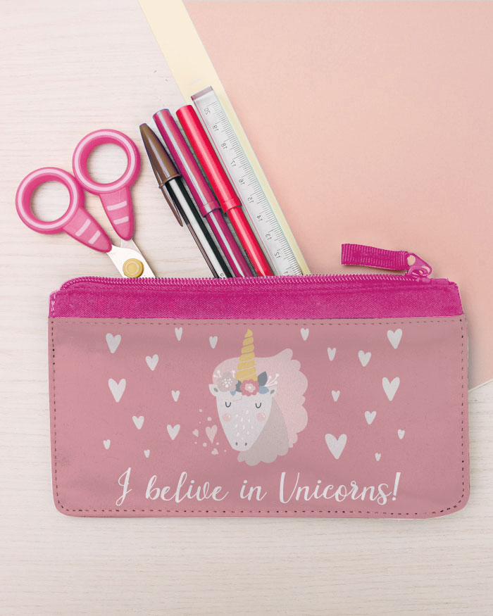 Astuccio Porta Penne per Scuola Personalizzato con Nome, Unicorno e Frase  I Believe in Unicorns