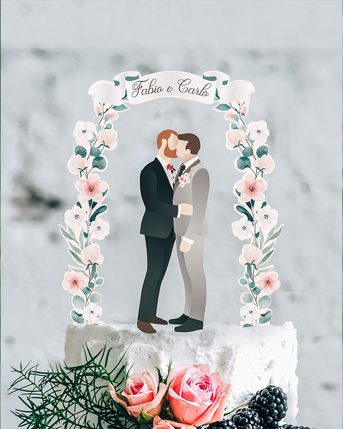 Cake Topper Coppia di Sposi Silhouette a Colori con Arco Fiorito  Personalizzato in Legno - Idea Decorazione Torta Nuziale