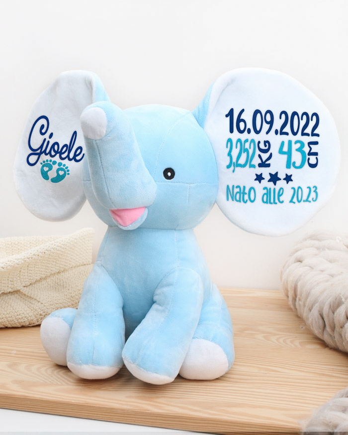 Regalo nascita pupazzo peluche elefante elefantino personalizzato con nome  e dati nascita cm 25