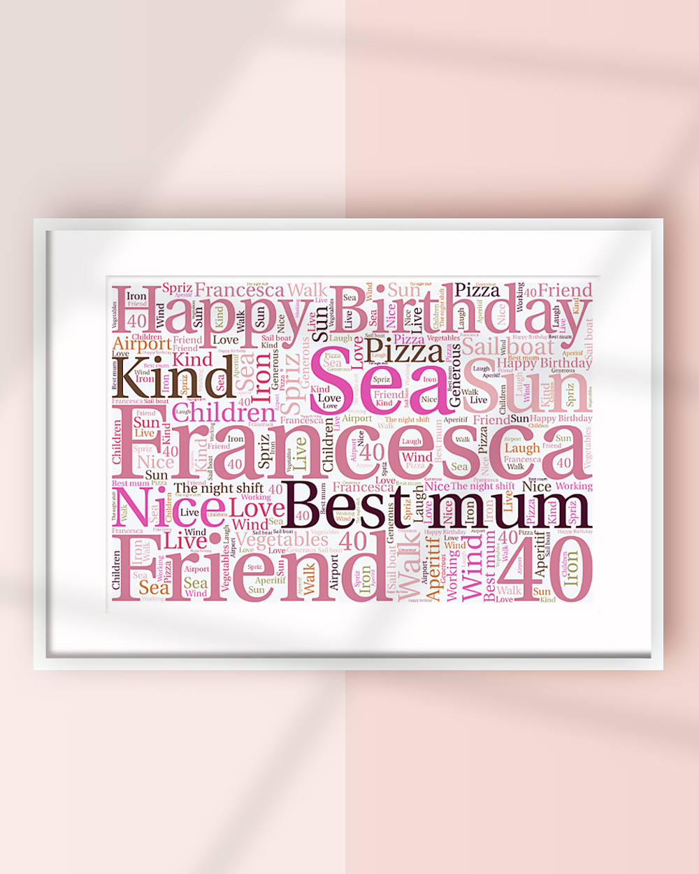 Donna riceve stampa personalizzata word cloud come regalo di compleanno