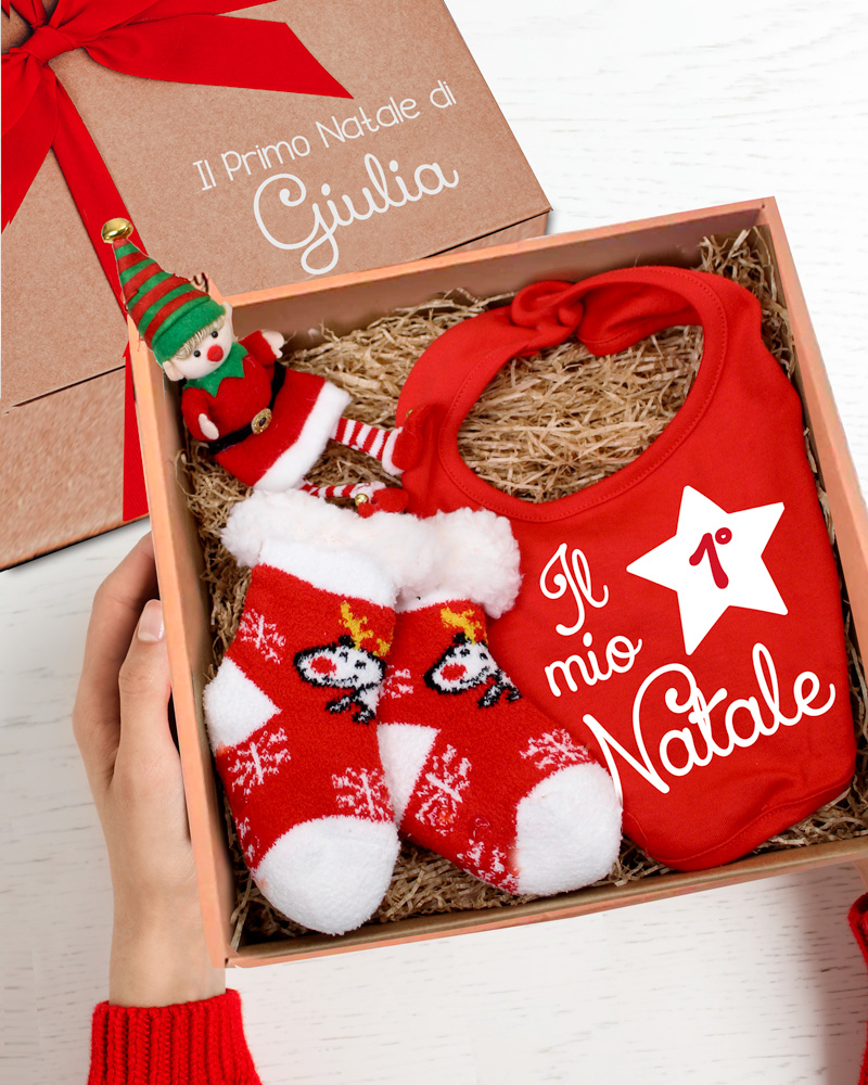 Gift Box Primo Natale con Bavaglino, Calzini ed Elfo - Idea Regalo Primo  Natale Neonati