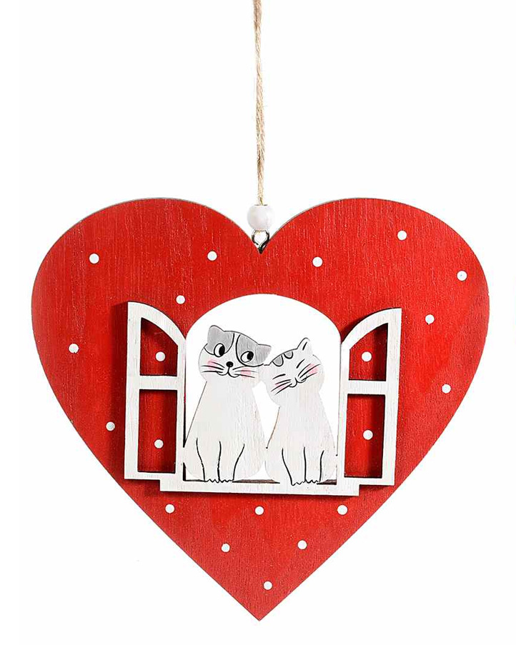 Cuore in Legno Rosso a Pois Bianchi da Appendere Gattini Innamorati con  Spago - Idea Decorazione Romantica Casa San Valentino